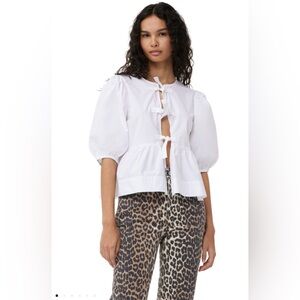 GANNI COTTON POPLIN PEPLUM TIE BLOUSE